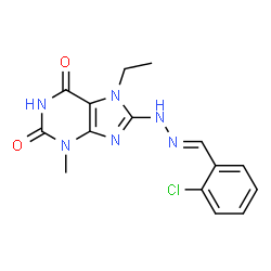 ChemSpider 2D Image | 8-[(2E)-2-(2-Chlorobenzylidene)hydrazino]-7-ethyl-3-methyl-3,7-dihydro-1H-purine-2,6-dione | C15H15ClN6O2