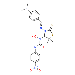 ChemSpider 2D Image | 1-(3-{(E)-[4-(Dimethylamino)benzylidene]amino}-5,5-dimethyl-2-thioxo-1,3-thiazolidin-4-yl)-1-hydroxy-3-(4-nitrophenyl)urea | C21H24N6O4S2