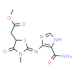 ChemSpider 2D Image | Methyl {(2Z)-2-[(5-carbamoyl-1H-imidazol-4-yl)imino]-3-methyl-4-oxo-1,3-thiazolidin-5-yl}acetate | C11H13N5O4S