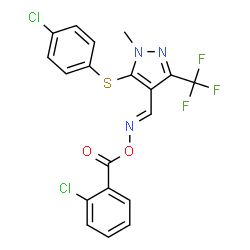 ChemSpider 2D Image | (2-Chlorophenyl){[(E)-({5-[(4-chlorophenyl)sulfanyl]-1-methyl-3-(trifluoromethyl)-1H-pyrazol-4-yl}methylene)amino]oxy}methanone | C19H12Cl2F3N3O2S