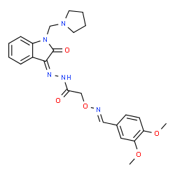 ChemSpider 2D Image | 2-{[(E)-(3,4-Dimethoxybenzylidene)amino]oxy}-N'-[(3Z)-2-oxo-1-(1-pyrrolidinylmethyl)-1,2-dihydro-3H-indol-3-ylidene]acetohydrazide | C24H27N5O5