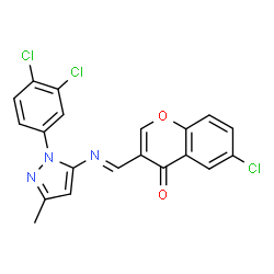 ChemSpider 2D Image | 6-Chloro-3-[(E)-{[1-(3,4-dichlorophenyl)-3-methyl-1H-pyrazol-5-yl]imino}methyl]-4H-chromen-4-one | C20H12Cl3N3O2
