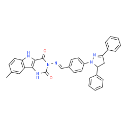 ChemSpider 2D Image | 3-{(E)-[4-(3,5-Diphenyl-4,5-dihydro-1H-pyrazol-1-yl)benzylidene]amino}-8-methyl-1H-pyrimido[5,4-b]indole-2,4(3H,5H)-dione | C33H26N6O2