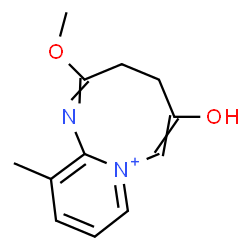 ChemSpider 2D Image | 5-Hydroxy-2-methoxy-11-methyl-3,4-dihydropyrido[1,2-a][1,3]diazocin-7-ium | C12H15N2O2