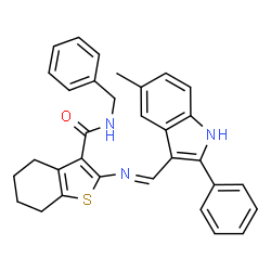 ChemSpider 2D Image | N-Benzyl-2-{(E)-[(5-methyl-2-phenyl-1H-indol-3-yl)methylene]amino}-4,5,6,7-tetrahydro-1-benzothiophene-3-carboxamide | C32H29N3OS