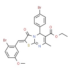 ChemSpider 2D Image | Ethyl (2Z)-2-(2-bromo-5-methoxybenzylidene)-5-(4-bromophenyl)-7-methyl-3-oxo-2,3-dihydro-5H-[1,3]thiazolo[3,2-a]pyrimidine-6-carboxylate | C24H20Br2N2O4S