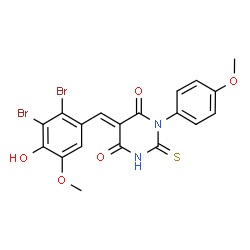 ChemSpider 2D Image | (5E)-5-(2,3-Dibromo-4-hydroxy-5-methoxybenzylidene)-1-(4-methoxyphenyl)-2-thioxodihydro-4,6(1H,5H)-pyrimidinedione | C19H14Br2N2O5S