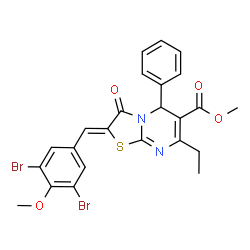 ChemSpider 2D Image | Methyl (2Z)-2-(3,5-dibromo-4-methoxybenzylidene)-7-ethyl-3-oxo-5-phenyl-2,3-dihydro-5H-[1,3]thiazolo[3,2-a]pyrimidine-6-carboxylate | C24H20Br2N2O4S