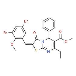 ChemSpider 2D Image | Methyl (2E)-2-(3,5-dibromo-2-methoxybenzylidene)-7-ethyl-3-oxo-5-phenyl-2,3-dihydro-5H-[1,3]thiazolo[3,2-a]pyrimidine-6-carboxylate | C24H20Br2N2O4S