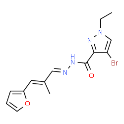 ChemSpider 2D Image | 4-Bromo-1-ethyl-N'-[(1E,2E)-3-(2-furyl)-2-methyl-2-propen-1-ylidene]-1H-pyrazole-3-carbohydrazide | C14H15BrN4O2