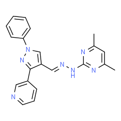 ChemSpider 2D Image | 4,6-Dimethyl-2-[(2E)-2-{[1-phenyl-3-(3-pyridinyl)-1H-pyrazol-4-yl]methylene}hydrazino]pyrimidine | C21H19N7