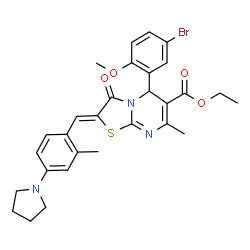 ChemSpider 2D Image | Ethyl (2Z)-5-(5-bromo-2-methoxyphenyl)-7-methyl-2-[2-methyl-4-(1-pyrrolidinyl)benzylidene]-3-oxo-2,3-dihydro-5H-[1,3]thiazolo[3,2-a]pyrimidine-6-carboxylate | C29H30BrN3O4S