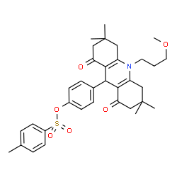 ChemSpider 2D Image | 4-[10-(3-Methoxypropyl)-3,3,6,6-tetramethyl-1,8-dioxo-1,2,3,4,5,6,7,8,9,10-decahydro-9-acridinyl]phenyl 4-methylbenzenesulfonate | C34H41NO6S