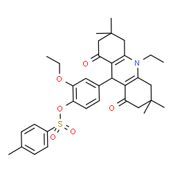 ChemSpider 2D Image | 2-Ethoxy-4-(10-ethyl-3,3,6,6-tetramethyl-1,8-dioxo-1,2,3,4,5,6,7,8,9,10-decahydro-9-acridinyl)phenyl 4-methylbenzenesulfonate | C34H41NO6S