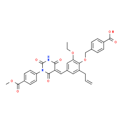 ChemSpider 2D Image | 4-({2-Allyl-6-ethoxy-4-[(E)-{1-[4-(methoxycarbonyl)phenyl]-2,4,6-trioxotetrahydro-5(2H)-pyrimidinylidene}methyl]phenoxy}methyl)benzoic acid | C32H28N2O9