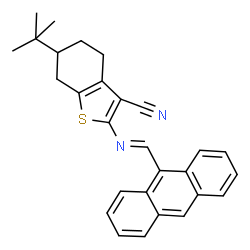 ChemSpider 2D Image | 2-[(E)-(9-Anthrylmethylene)amino]-6-(2-methyl-2-propanyl)-4,5,6,7-tetrahydro-1-benzothiophene-3-carbonitrile | C28H26N2S