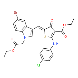 ChemSpider 2D Image | Ethyl (5Z)-5-{[5-bromo-1-(2-ethoxy-2-oxoethyl)-1H-indol-3-yl]methylene}-2-[(4-chlorophenyl)amino]-4-oxo-4,5-dihydro-3-thiophenecarboxylate | C26H22BrClN2O5S