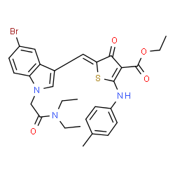 ChemSpider 2D Image | Ethyl (5Z)-5-({5-bromo-1-[2-(diethylamino)-2-oxoethyl]-1H-indol-3-yl}methylene)-2-[(4-methylphenyl)amino]-4-oxo-4,5-dihydro-3-thiophenecarboxylate | C29H30BrN3O4S
