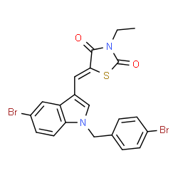ChemSpider 2D Image | (5Z)-5-{[5-Bromo-1-(4-bromobenzyl)-1H-indol-3-yl]methylene}-3-ethyl-1,3-thiazolidine-2,4-dione | C21H16Br2N2O2S