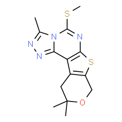 ChemSpider 2D Image | 3,10,10-Trimethyl-5-(methylsulfanyl)-10,11-dihydro-8H-pyrano[4',3':4,5]thieno[3,2-e][1,2,4]triazolo[4,3-c]pyrimidine | C14H16N4OS2