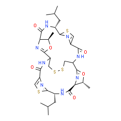 ChemSpider 2D Image | (4R,5S,8R,18R,22R)-8,22-Diisobutyl-4,18-dimethyl-3,17-dioxa-10,24,30,31-tetrathia-7,14,21,28,33,34,35,36-octaazahexacyclo[13.13.4.1~2,5~.1~9,12~.1~16,19~.1~23,26~]hexatriaconta-2(36),9(35),11,16(34),2
3(33),25-hexaene-6,13,20,27-tetrone | C32H42N8O6S4