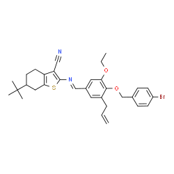 ChemSpider 2D Image | 2-[(E)-{3-Allyl-4-[(4-bromobenzyl)oxy]-5-ethoxybenzylidene}amino]-6-(2-methyl-2-propanyl)-4,5,6,7-tetrahydro-1-benzothiophene-3-carbonitrile | C32H35BrN2O2S