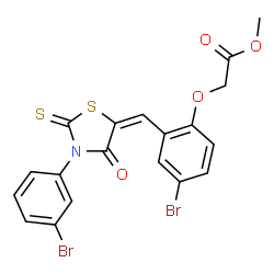 ChemSpider 2D Image | Methyl (4-bromo-2-{(E)-[3-(3-bromophenyl)-4-oxo-2-thioxo-1,3-thiazolidin-5-ylidene]methyl}phenoxy)acetate | C19H13Br2NO4S2