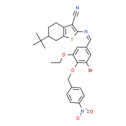 ChemSpider 2D Image | 2-[(Z)-{3-Bromo-5-ethoxy-4-[(4-nitrobenzyl)oxy]benzylidene}amino]-6-(2-methyl-2-propanyl)-4,5,6,7-tetrahydro-1-benzothiophene-3-carbonitrile | C29H30BrN3O4S