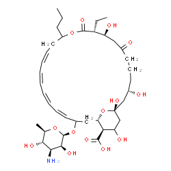ChemSpider 2D Image | (1R,3S,9S,10R,15Z,17Z,19Z,21Z,25S,26R)-23-[(3-Amino-3,6-dideoxy-beta-D-mannopyranosyl)oxy]-10-ethyl-1,3,9,27-tetrahydroxy-7,11-dioxo-13-propyl-12,29-dioxabicyclo[23.3.1]nonacosa-15,17,19,21-tetraene-2
6-carboxylic acid | C39H61NO14