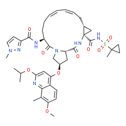 ChemSpider 2D Image | (2R,6S,9Z,11Z,13aR,14aR,16aS)-2-[(2-Isopropoxy-7-methoxy-8-methyl-4-quinolinyl)oxy]-N-[(1-methylcyclopropyl)sulfonyl]-6-{[(1-methyl-1H-pyrazol-3-yl)carbonyl]amino}-5,16-dioxo-1,2,3,6,7,8,13,13a,14,15,
16,16a-dodecahydrocyclopropa[e]pyrrolo[1,2-a][1,4]diazacyclopentadecine-14a(5H)-carboxamide | C41H51N7O9S