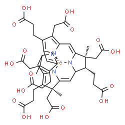 ChemSpider 2D Image | {3,3',3'',3'''-[(8S,12S,13S)-3,8,13,17-Tetrakis(carboxymethyl)-8,13-dimethyl-8,11,12,13,22,24-hexahydroporphyrin-2,7,12,18-tetrayl-kappa~4~N~21~,N~22~,N~23~,N~24~]tetrapropanoato(4-)}iron | C42H44FeN4O16