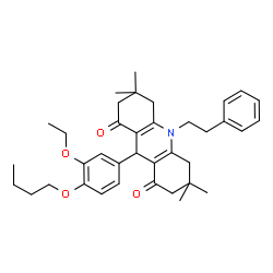 ChemSpider 2D Image | 9-(4-Butoxy-3-ethoxyphenyl)-3,3,6,6-tetramethyl-10-(2-phenylethyl)-3,4,6,7,9,10-hexahydro-1,8(2H,5H)-acridinedione | C37H47NO4