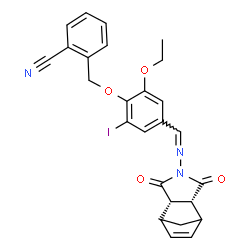 ChemSpider 2D Image | 2-{[4-({[(2R,6S,7S)-3,5-Dioxo-4-azatricyclo[5.2.1.0~2,6~]dec-8-en-4-yl]imino}methyl)-2-ethoxy-6-iodophenoxy]methyl}benzonitrile | C26H22IN3O4