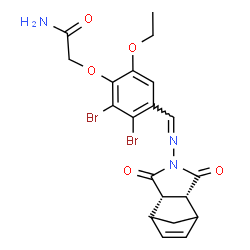 ChemSpider 2D Image | 2-[2,3-Dibromo-4-({[(2R,6S,7S)-3,5-dioxo-4-azatricyclo[5.2.1.0~2,6~]dec-8-en-4-yl]imino}methyl)-6-ethoxyphenoxy]acetamide | C20H19Br2N3O5