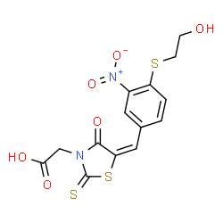 ChemSpider 2D Image | [(5E)-5-{4-[(2-Hydroxyethyl)sulfanyl]-3-nitrobenzylidene}-4-oxo-2-thioxo-1,3-thiazolidin-3-yl]acetic acid | C14H12N2O6S3