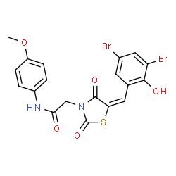 ChemSpider 2D Image | 2-[(5E)-5-(3,5-Dibromo-2-hydroxybenzylidene)-2,4-dioxo-1,3-thiazolidin-3-yl]-N-(4-methoxyphenyl)acetamide | C19H14Br2N2O5S