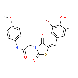 ChemSpider 2D Image | 2-[(5E)-5-(3,5-Dibromo-4-hydroxybenzylidene)-2,4-dioxo-1,3-thiazolidin-3-yl]-N-(4-methoxyphenyl)acetamide | C19H14Br2N2O5S
