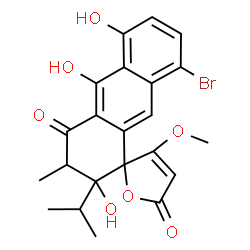 ChemSpider 2D Image | 8-Bromo-2,5,10-trihydroxy-2-isopropyl-3'-methoxy-3-methyl-2,3-dihydro-4H,5'H-spiro[anthracene-1,2'-furan]-4,5'-dione | C22H21BrO7