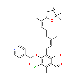 ChemSpider 2D Image | 2-Chloro-6-[(2Z,6Z)-7-(5,5-dimethyl-4-oxotetrahydro-2-furanyl)-3-methyl-2,6-octadien-1-yl]-4-formyl-5-hydroxy-3-methylphenyl isonicotinate | C29H32ClNO6