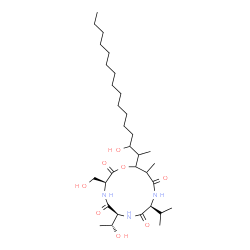 ChemSpider 2D Image | (3S,6S,9S)-6-[(1R)-1-Hydroxyethyl]-13-(3-hydroxy-2-hexadecanyl)-3-(hydroxymethyl)-9-isopropyl-12-methyl-1-oxa-4,7,10-triazacyclotridecane-2,5,8,11-tetrone | C32H59N3O8