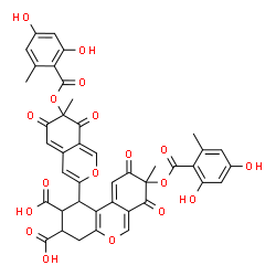 ChemSpider 2D Image | 8-[(2,4-Dihydroxy-6-methylbenzoyl)oxy]-1-{7-[(2,4-dihydroxy-6-methylbenzoyl)oxy]-7-methyl-6,8-dioxo-7,8-dihydro-6H-isochromen-3-yl}-8-methyl-7,9-dioxo-2,3,4,7,8,9-hexahydro-1H-benzo[c]chromene-2,3-dic
arboxylic acid | C42H32O18