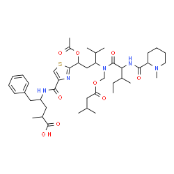 ChemSpider 2D Image | 4-[({2-[1-Acetoxy-4-methyl-3-({[(3-methylbutanoyl)oxy]methyl}{N-[(1-methyl-2-piperidinyl)carbonyl]isoleucyl}amino)pentyl]-1,3-thiazol-4-yl}carbonyl)amino]-2-methyl-5-phenylpentanoic acid | C43H65N5O9S