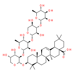 ChemSpider 2D Image | (3beta,18alpha)-3-{[6-Deoxy-alpha-L-mannopyranosyl-(1->3)-beta-D-xylopyranosyl-(1->3)-6-deoxy-alpha-L-mannopyranosyl-(1->2)-alpha-L-arabinopyranosyl]oxy}olean-12-en-28-oic acid | C52H84O19