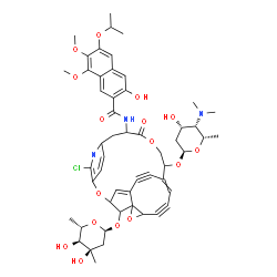ChemSpider 2D Image | N-(6-Chloro-24-[(2,6-dideoxy-3-C-methyl-alpha-L-ribo-hexopyranosyl)oxy]-11-oxo-14-{[2,4,6-trideoxy-4-(dimethylamino)-alpha-L-lyxo-hexopyranosyl]oxy}-4,12,20-trioxa-7-azapentacyclo[13.6.2.2~5,8~.1~3,21
~.0~19,21~]hexacosa-1,5,7,15,25-pentaene-17,22-diyn-10-yl)-3-hydroxy-6-isopropoxy-7,8-dimethoxy-2-naphthamide | C53H60ClN3O16