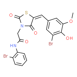ChemSpider 2D Image | 2-[(5E)-5-(3-Bromo-4-hydroxy-5-methoxybenzylidene)-2,4-dioxo-1,3-thiazolidin-3-yl]-N-(2-bromophenyl)acetamide | C19H14Br2N2O5S