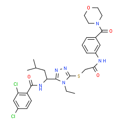 ChemSpider 2D Image | 2,4-Dichloro-N-(1-{4-ethyl-5-[(2-{[3-(4-morpholinylcarbonyl)phenyl]amino}-2-oxoethyl)sulfanyl]-4H-1,2,4-triazol-3-yl}-3-methylbutyl)benzamide | C29H34Cl2N6O4S
