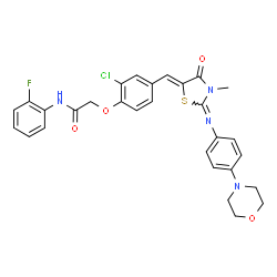ChemSpider 2D Image | 2-{2-Chloro-4-[(Z)-(3-methyl-2-{[4-(4-morpholinyl)phenyl]imino}-4-oxo-1,3-thiazolidin-5-ylidene)methyl]phenoxy}-N-(2-fluorophenyl)acetamide | C29H26ClFN4O4S