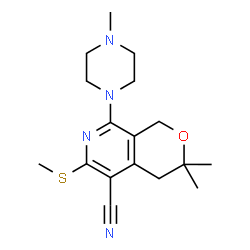 ChemSpider 2D Image | 3,3-Dimethyl-8-(4-methyl-1-piperazinyl)-6-(methylsulfanyl)-3,4-dihydro-1H-pyrano[3,4-c]pyridine-5-carbonitrile | C17H24N4OS