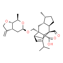 ChemSpider 2D Image | (1R,2S,4R,5R,8R,9R,11S)-9-Formyl-13-isopropyl-5-methyl-2-({[(3aR,5R,7R,7aS)-7-methyl-3-methylenehexahydro-2H-furo[2,3-c]pyran-5-yl]oxy}methyl)tetracyclo[7.4.0.0~2,11~.0~4,8~]tridec-12-ene-1-carboxylic
 acid | C29H40O6