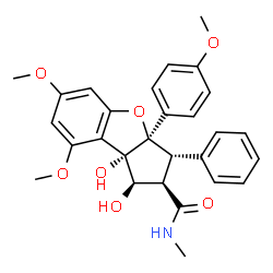 ChemSpider 2D Image | (1R,2R,3S,3aR,8bS)-1,8b-Dihydroxy-6,8-dimethoxy-3a-(4-methoxyphenyl)-N-methyl-3-phenyl-2,3,3a,8b-tetrahydro-1H-benzo[b]cyclopenta[d]furan-2-carboxamide | C28H29NO7